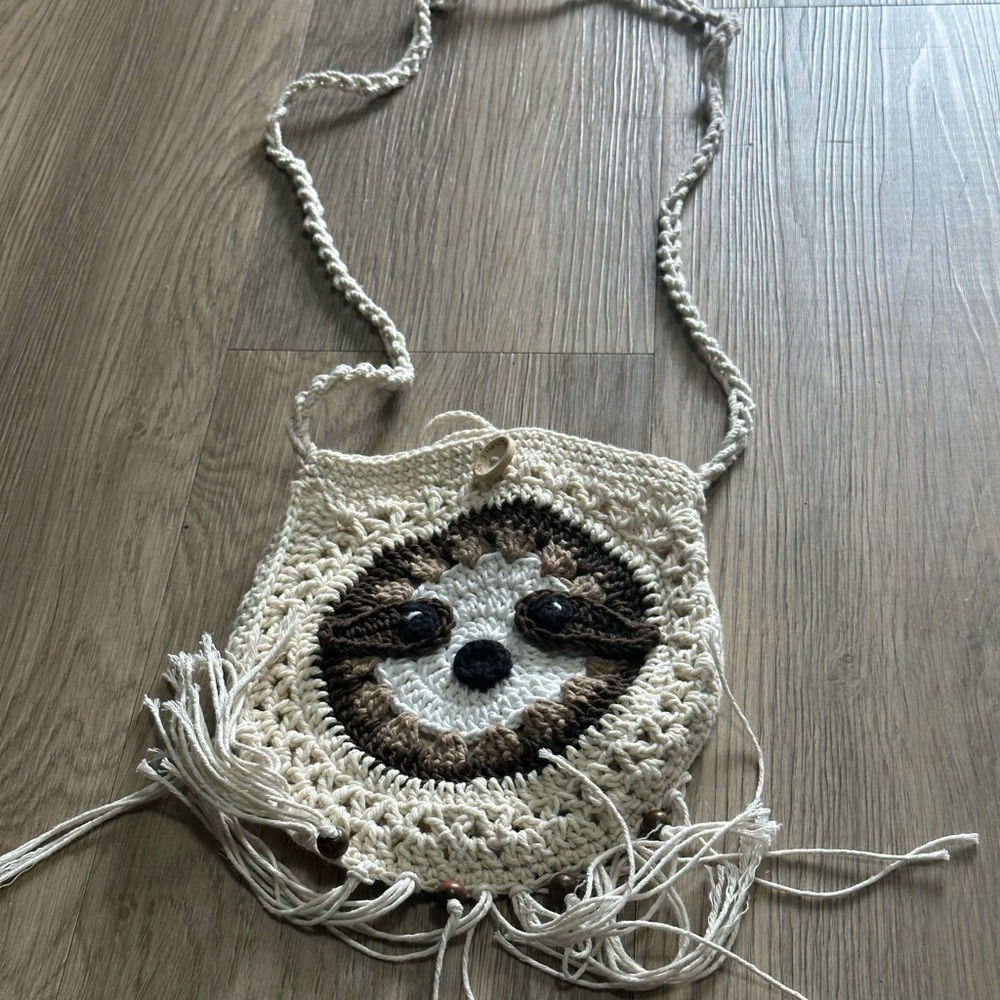 Crocheted Sloth Crossbody Bag in Cream & Brown